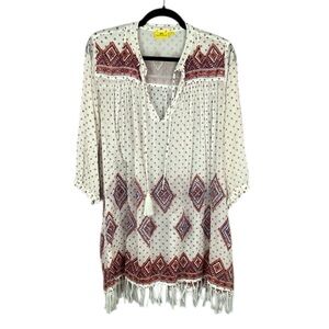 Roberta Roller Rabbit Boho Aztec Fringe Coverup Tunic Top Medium Red Cream FLAW
